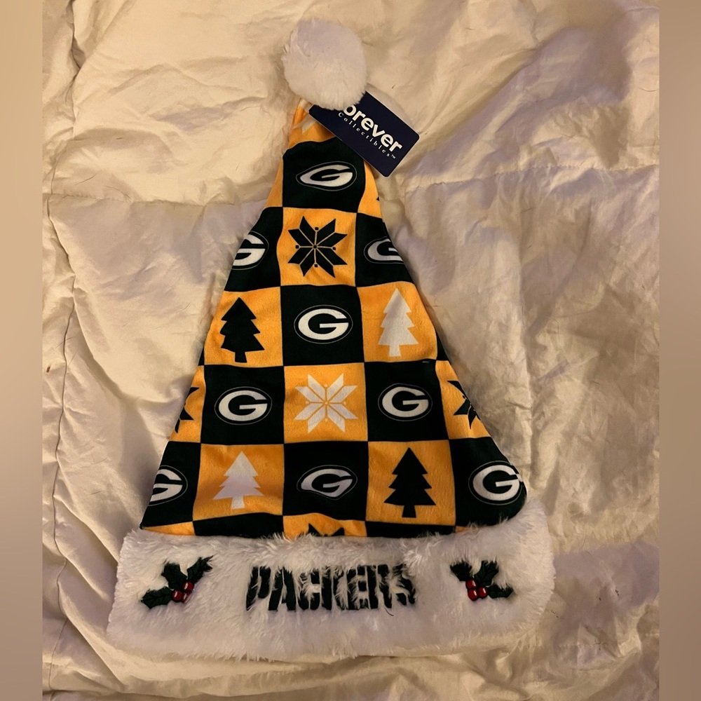 🛍️ 2/$35 🛍️ NWT NFL Packers Santa Hat w/ White Tassel ~ Green & Gold Christmas